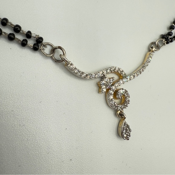 Dainty Necklace with Black Beaded Chain and CZ studded Asymmetrical Pendant - Picture 3 of 13